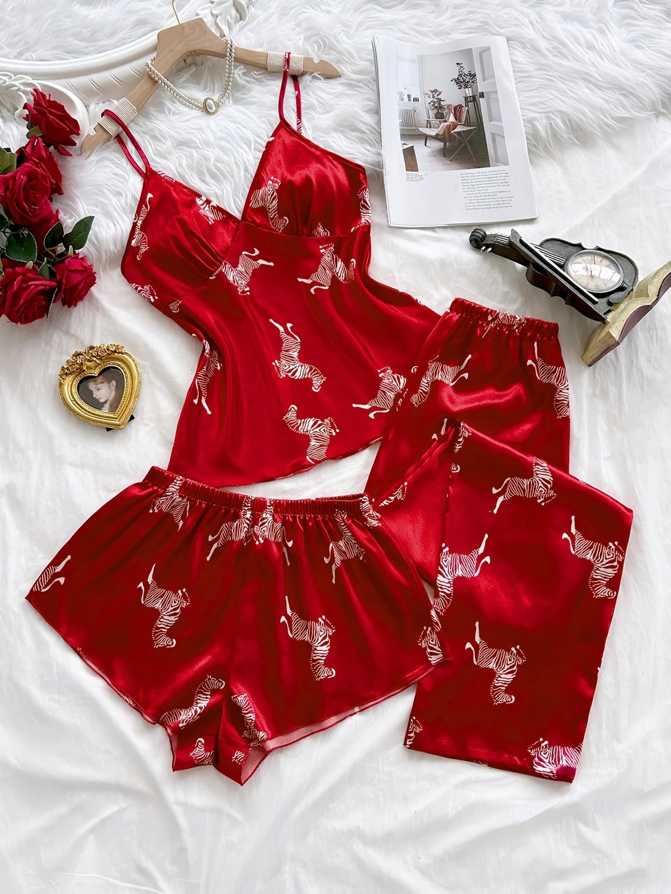 Women Zebra Print Satin 3 Pieces Pajama Set Spaghetti Strap Cami Top Shorts Long Pants Silk Sleepwear Ladies Home Loungewear