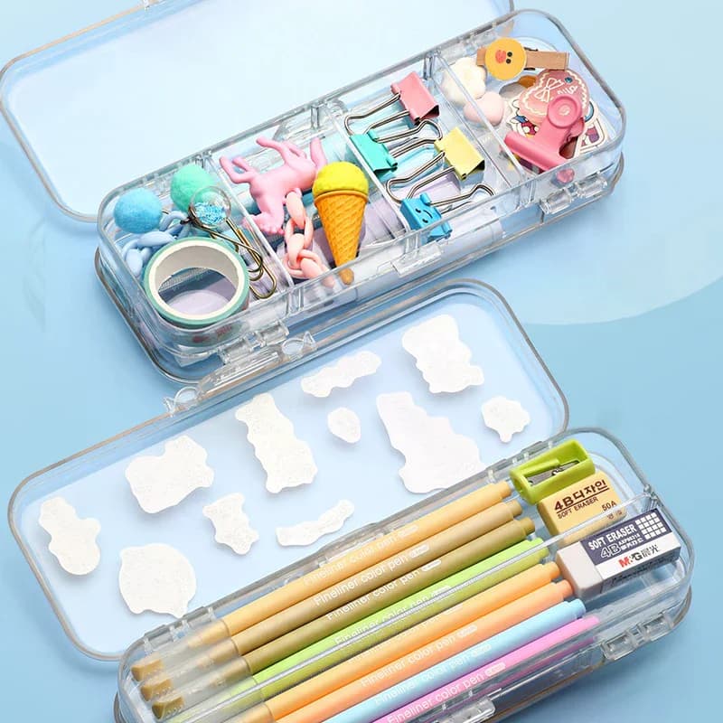 Kawaii Transparent Pencil Case Double Layer Multifunction Kids Pen Stationery Box Office School Large Capacity Storage Organize