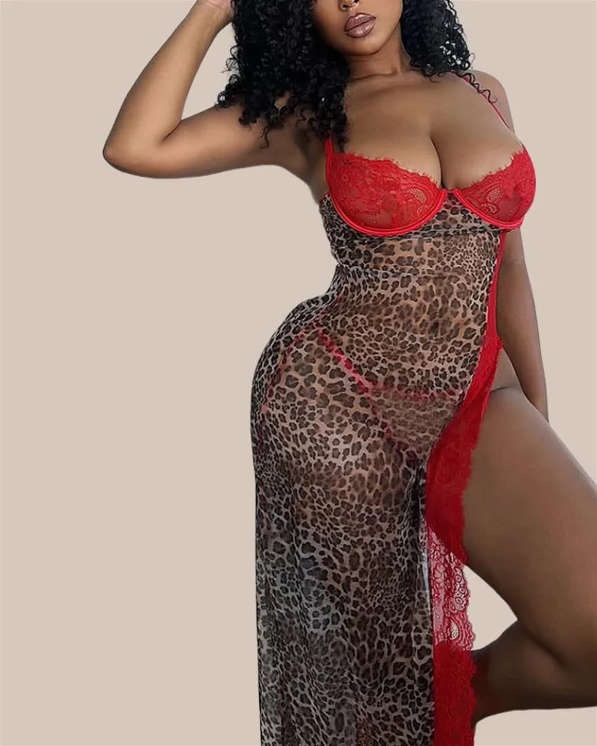 Ellolace Esclusivo Abito Lungo Leopardato da Donna, Set 2 Pezzi con Perizoma, Costume da Festa alla Moda con Inserti in Pizzo Trasparente