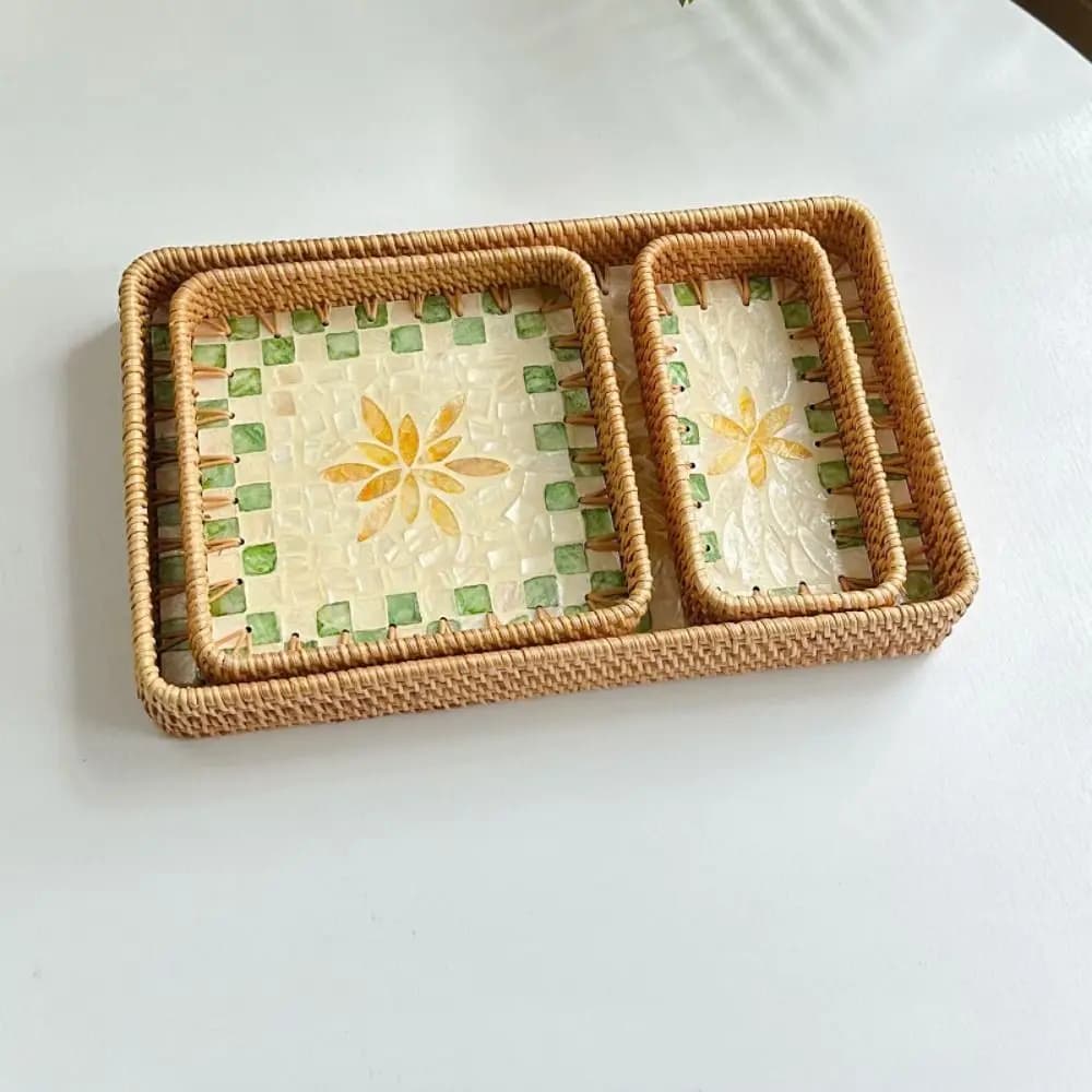 Hand Woven Splicing Shell Rattan Basket Rattan Weaving Colorful Weaving Fruit Basket Handmade Household Dried Fruit Plate