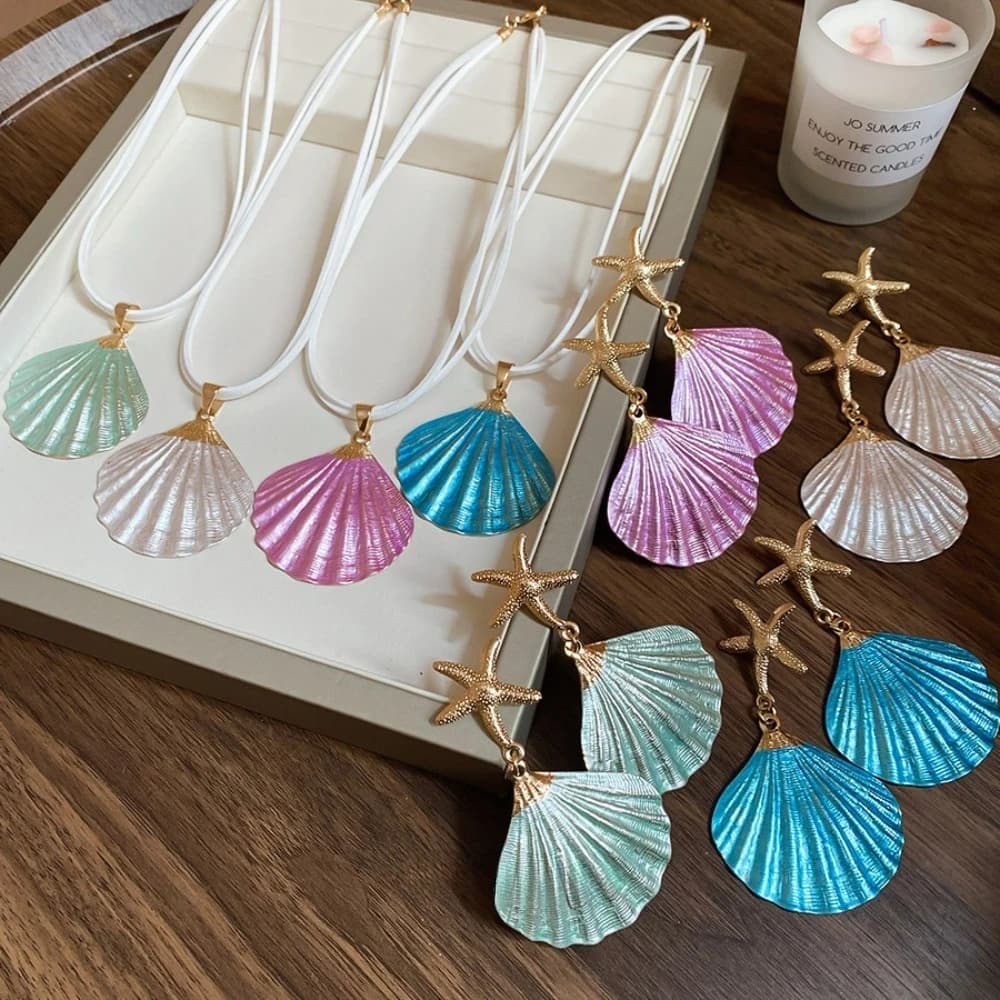 Set di orecchini per collana con ciondolo con conchiglie marine colorate dolci e dopamina per regali di accessori per gioielli per le vacanze estive al mare da donna