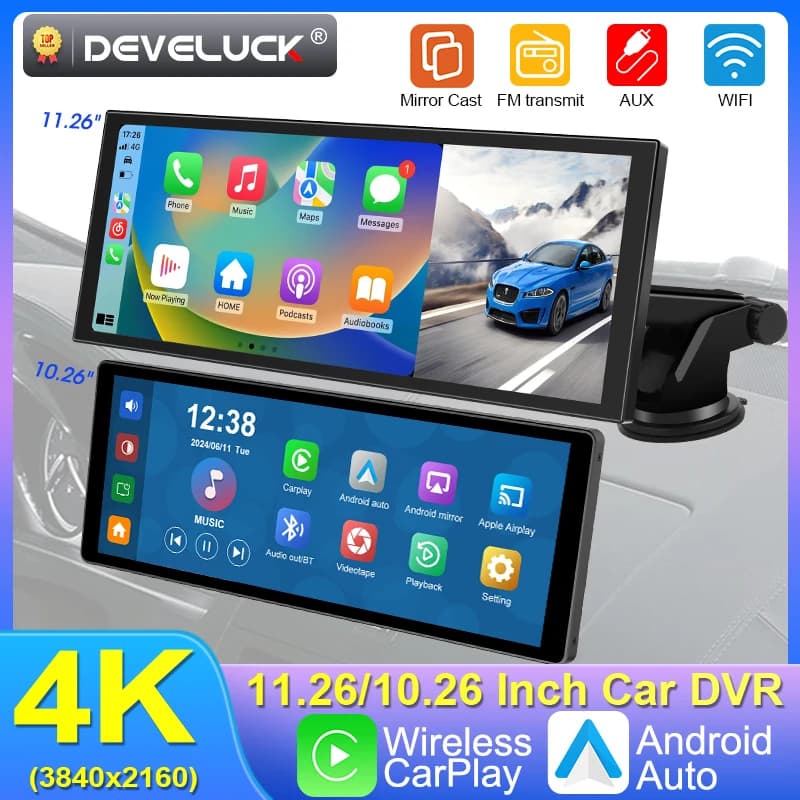 Dash Cam 4K da 10/11,26 pollici Wireless Carplay e Android Auto Car Dvr 360 ° Telecamera per camion cruscotto con videoregistratore a doppia lente con rotazione
