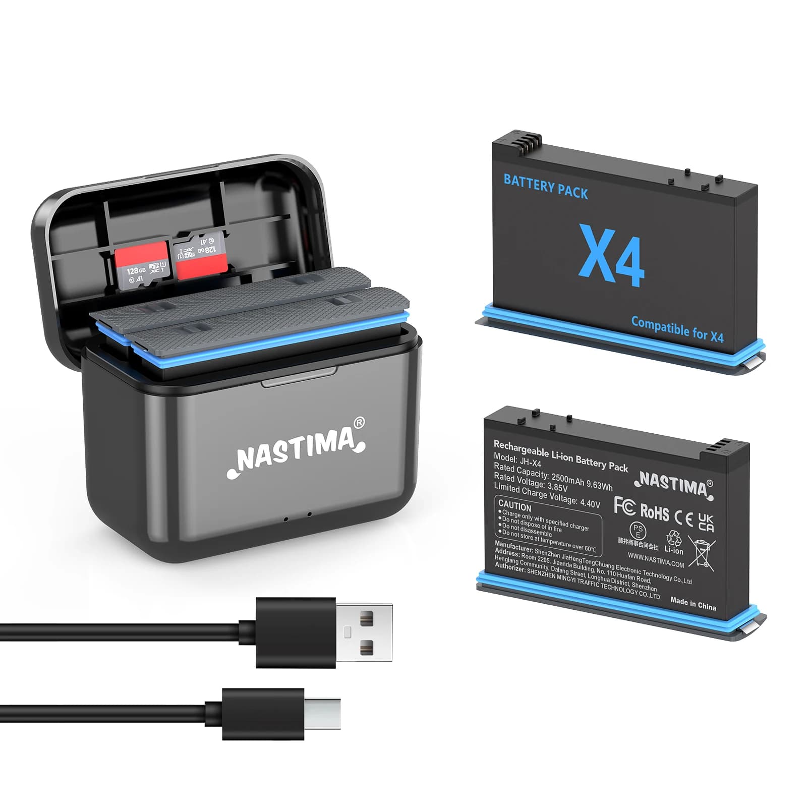 Batteria di ricambio Nastima 2500mAh per batteria Insta360 X4 con custodia di ricarica rapida scatola di immagazzinaggio per accessori Insta 360 X4