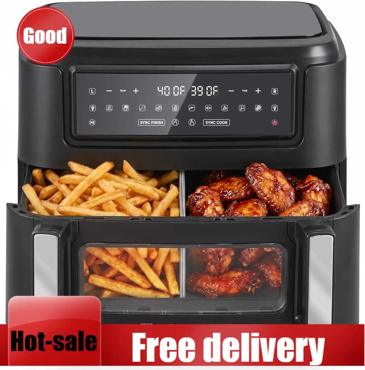 Hot-sellingElite Gourmet Dual Zone Air Fryer Oven 11QT, Dual Basket Air Fryer with Divider, Sync Finish & Sync Cook, PFAS Free N