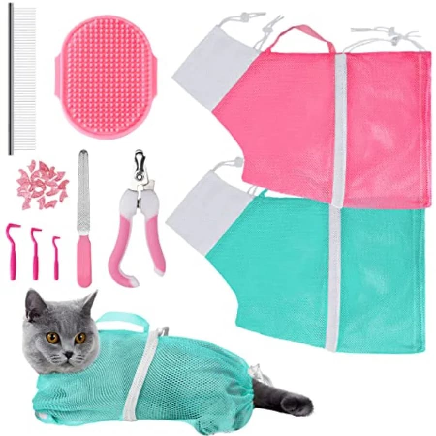 10 PCS Cat Washing Bag for Bath Shower Adjustable Net Grooming Set Pet Brush Nail Clipper File, Hair Combs Tick Tool, Nail Caps