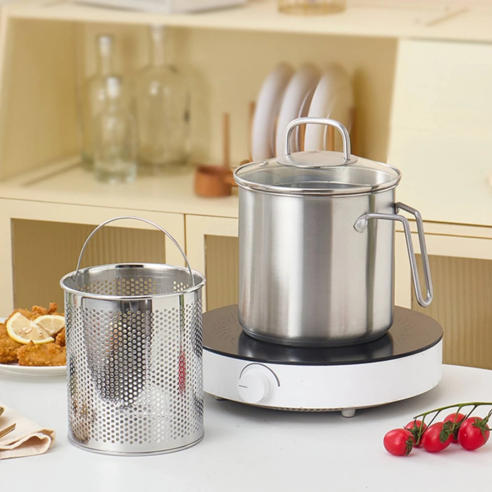 Stock Pot with Basket Single Handle Stainless Steel Stockpot Stockpot with Lid Strainer Insert Cookware