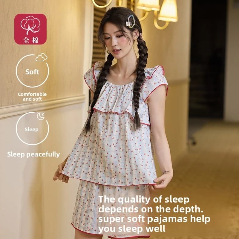 Pure cotton double-layer gauze suspender pajamas, pastoral style with small flutter sleeves, thin and cute all-cotton home wear