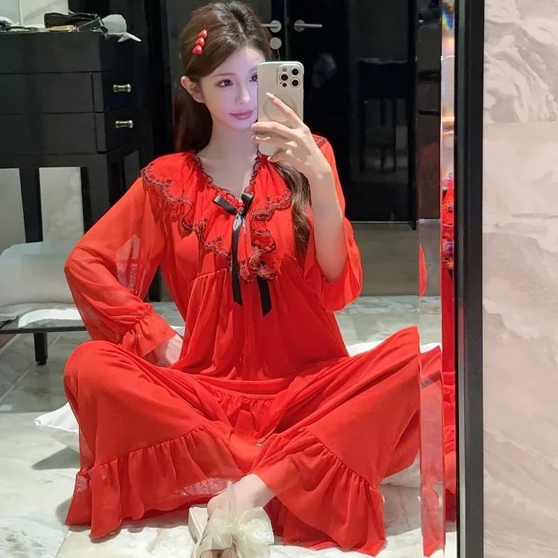 Women 2026 with Chest Pads Foreign Style Solid Color Lace Loungewear Festive Pajamas Women's New Mesh Set