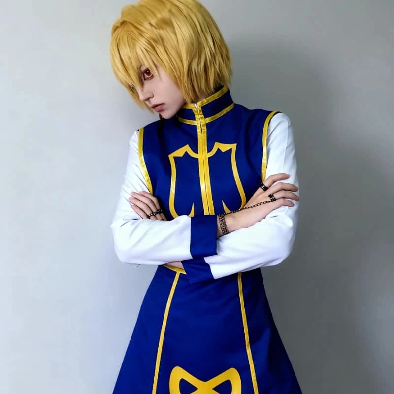 Costume Cosplay Anime Manga Hunter Kurapika con Parrucca, Uniforme, Top e Pantaloni per Convenzioni, Halloween, Natale, Feste