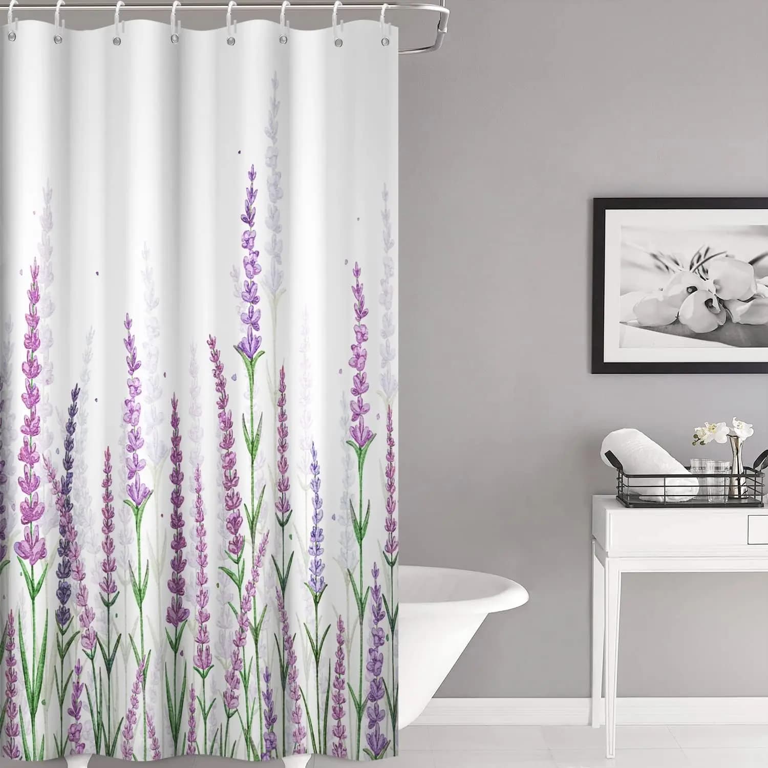Tenda da doccia con fiori di lavanda viola, stampa botanica ad acquerello per l'arredamento del bagno