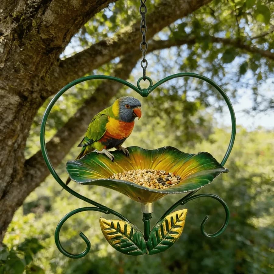 【Nuovo stile】 Mangiatoia per uccelli sospesa in metallo a forma di cuore e fiore, vasca per uccelli da esterno, vassoio per semi per decorazione di giardini e cortili