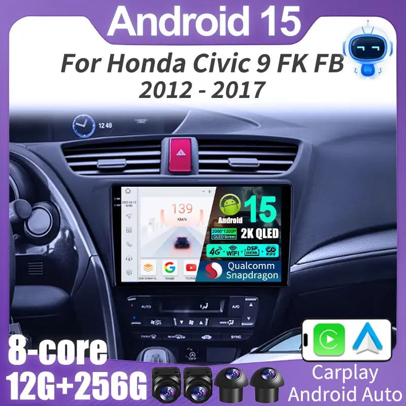Carplay Android 15 Autoradio Per Honda CIVIC 9 2012-2017 Qualcomm mulitmedia Lettore Video Autoradio GSP Navigazione Schermo Stereo