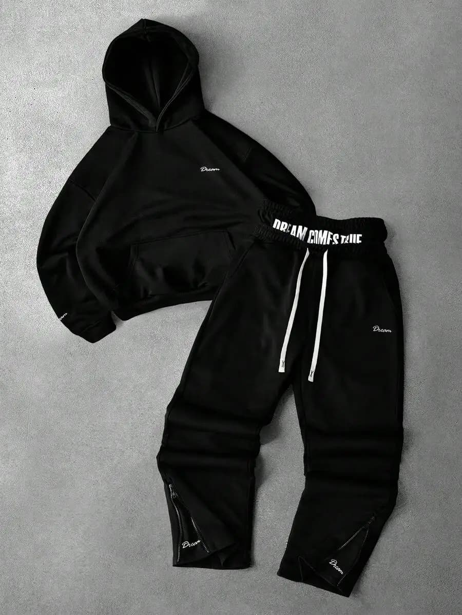 Set di felpa con cappuccio e pantaloni neri da uomo, abbigliamento streetwear casual in due pezzi