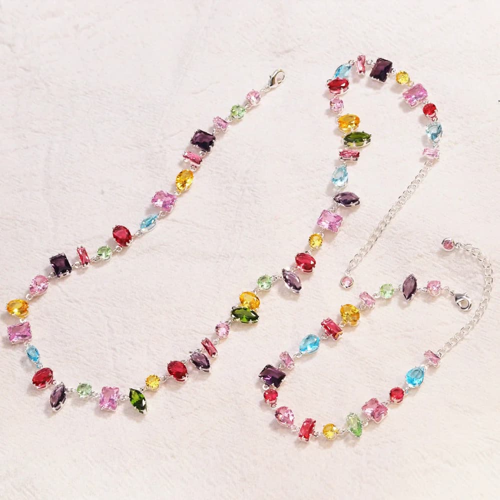 Women's Luxury Fashion Jewelry Set - Colorful Crystal Zircon Bracelet And Necklace with Stainless Steel Chain for Party Gift