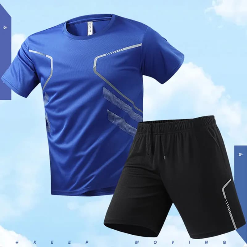 Set da 2 Pezzi per Corsa, Completo Sportivo da Uomo ad Asciugatura Rapida, Tuta da Fitness Traspirante con Maniche Corte e Pantaloncini Comodi con Elastico in Vita