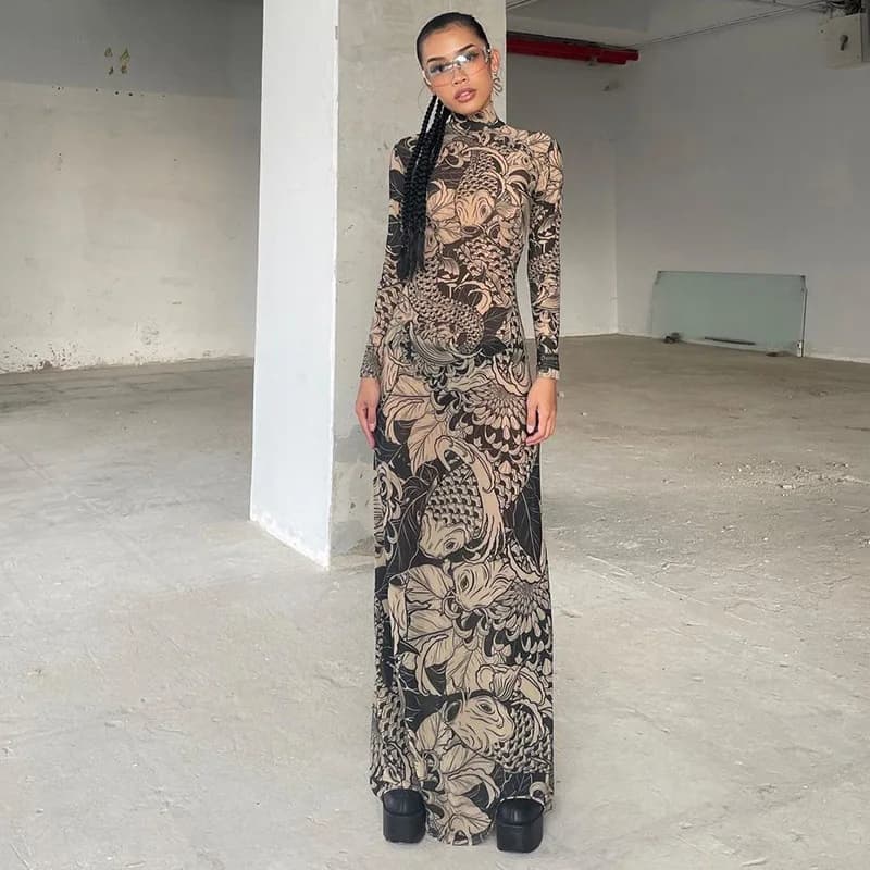Mesh See Through Stand Neck Thin Skinny Robe Female Long Sleeve Vintage Print Maxi Dress Streetwear Bodycon Long Dress Wholesale