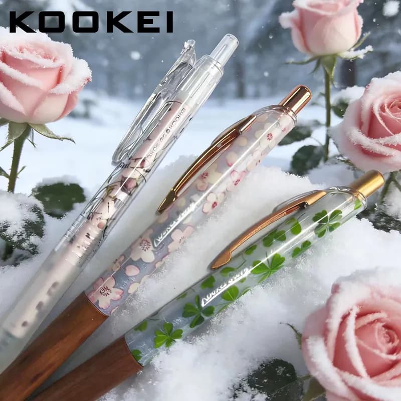 Penna Neutra KOOKEI Edizione Limitata Rosa Essiccata, Fiori di Ciliegio, Trifoglio, Penna a Pressione con Inchiostro Nero, Legno di Sandalo, Asciugatura Rapida per Esami