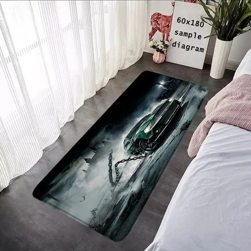 Tappeto con design per auto sportiva - Modello di veicolo da corsa verde/blu Decorazione per la casa per soggiorno Camera da letto Tappetino antiscivolo