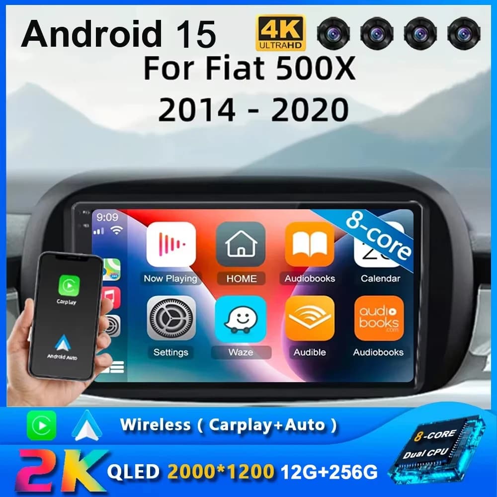 Android 15 For Fiat 500X 2014 2015 2016 2017 - 2020 Autoradio Multimedia GPS Navigation Wi-Fi + 4G DSP Wireless Carplay Auto