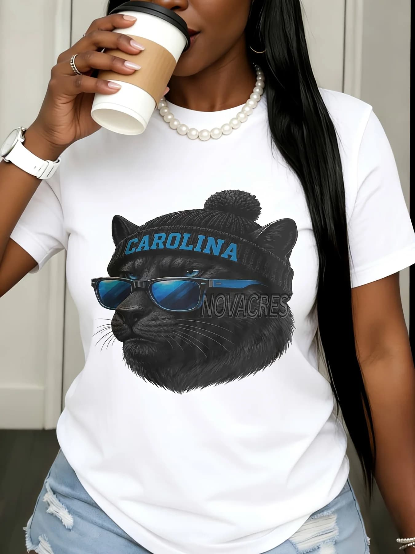 Casual Streetwear Black T Shirt Cool Cat Wearing Carolina Beanie And Sunglasses Graphic Tee For Women Summer Daily Outfit