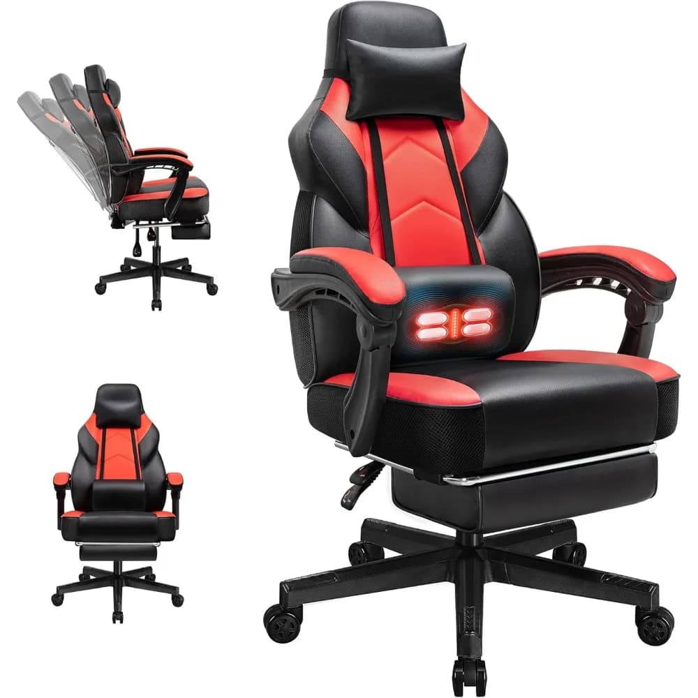 Sedia da ufficio con poggiapiedi, ampia sedia da gaming con schienale alto, con massaggio e supporto lombare, girevole a 360° ° Girevole e Regolabile in Altezza