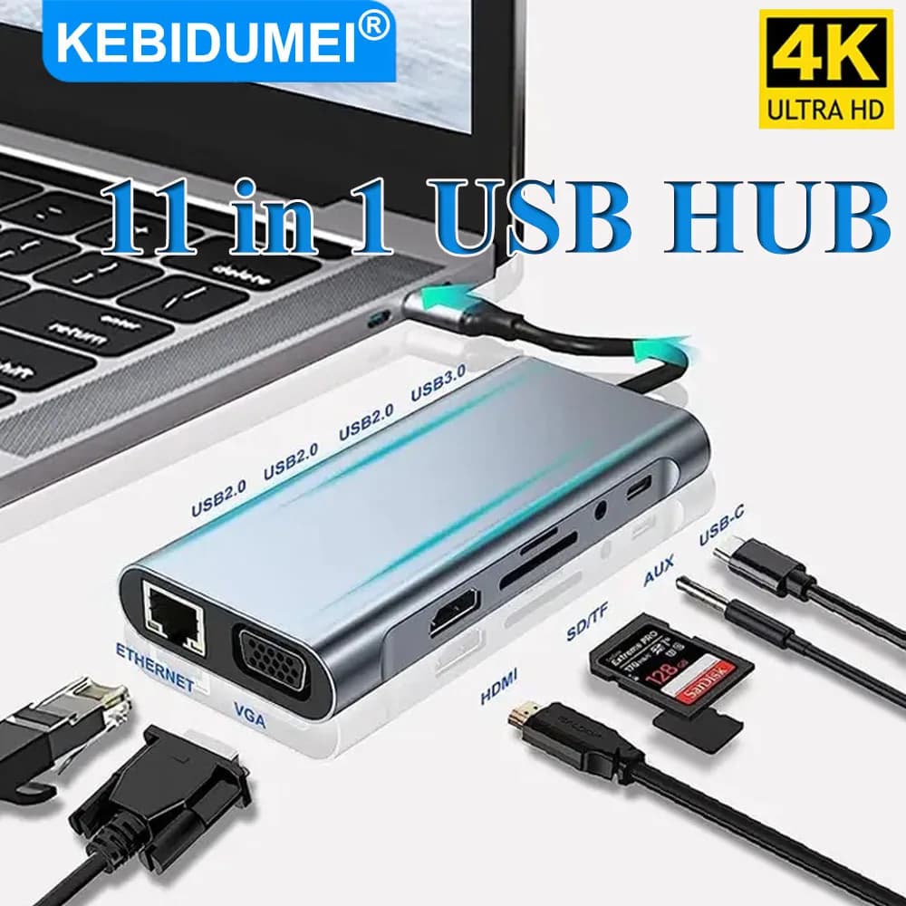 KEBIDUMEI Docking Station USB 3.0 11-in-1, Hub Type-C, Adapter Splitter USB C with HDMI 4K, VGA, PD, RJ45, Network Adapter 100M
