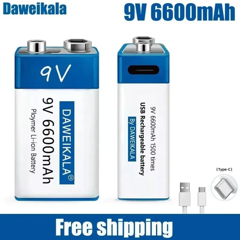 Nuova batteria ricaricabile veloce agli ioni di litio da 9 V 6600 mAh con interfaccia di tipo C e cavo USB, batteria da 9 V per multimetro, microfono,