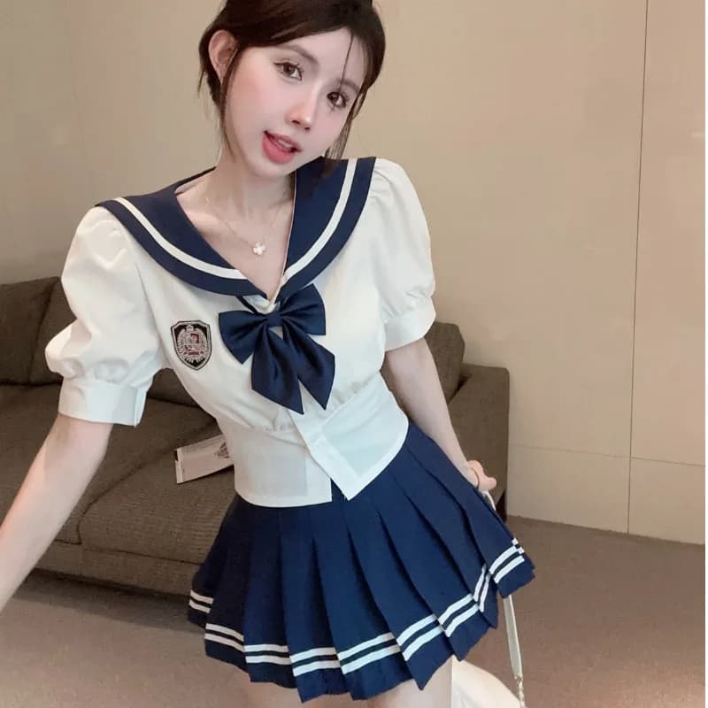 Japanese Style College Wind Set Navy Collar Bow Tie Shirt High Waist Pleated Short Skirt Two Piece Set Waist Cinching S...