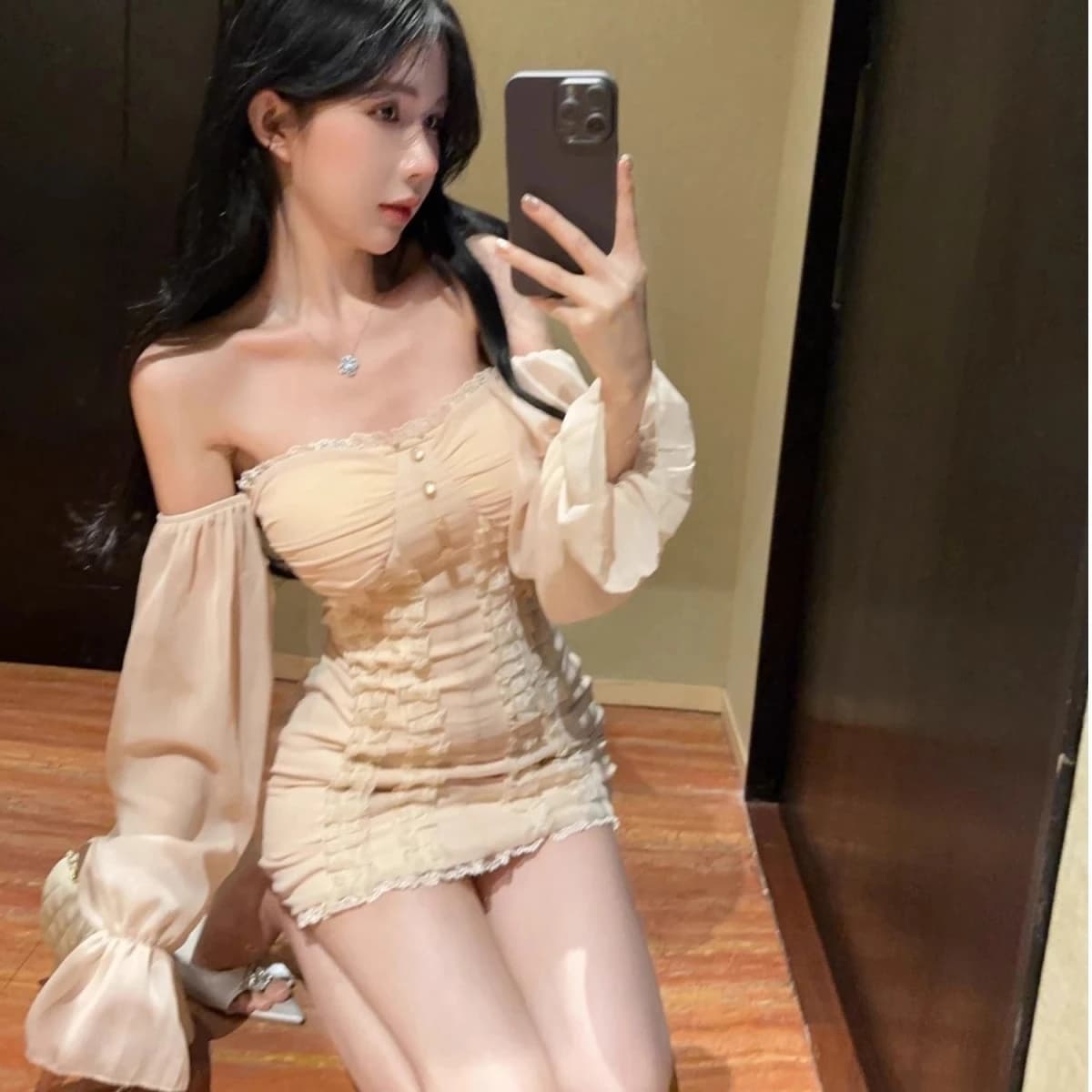 Sexy Lace Trim Bustier Lantern Sve Dr Women's Beautiful One oulder Slimming Faionable ort Skirt High Waist A-Line...