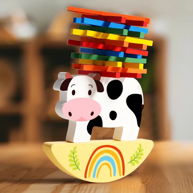 Wooden Animal Stacking Block Game Cow Stacking Balance Toy Montessori Fine Motor Training Educational Toys For Children Kids
