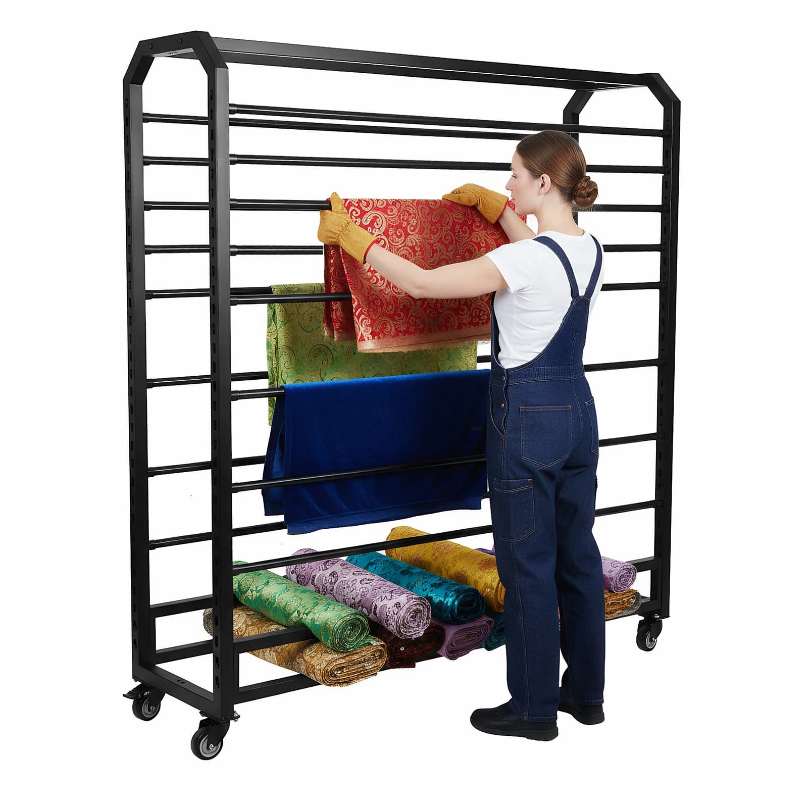 Mobile Organizer with 16/18 adjustable rods, metal vinyl fabric holder with wheels for curtains, wallpaper and tablecloths