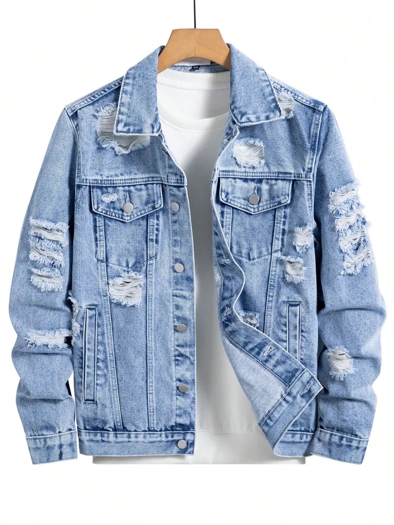 Men's denim jacket for spring and autumn. Blue ripped coat. Street fashion. Vintage - worn style. Daily casual.