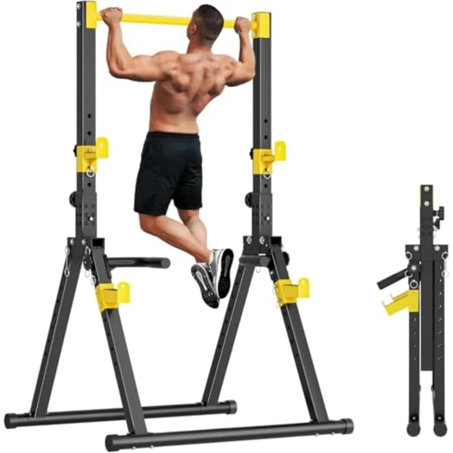 SogesHome Power Tower Dip Station with Home Gym Traction Bar, Adjustable and Foldable Fitness Station with Trian