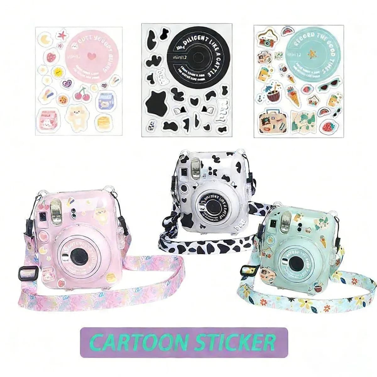 Transparent Film Storage Bag, Camera Bag, Travel Protective Case Three-Piece Set for Fuji Mini 12, with Cute Stickers