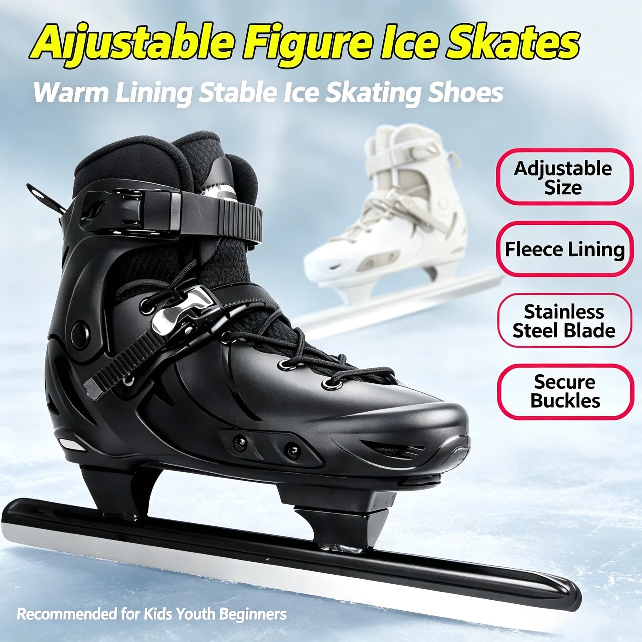 Adjustable Size Speed Ice Skates Thick Fleece Warm Liner Hard Shell Ice Skating Shoes Buckle Youth Adult Speed & Hockey Boots