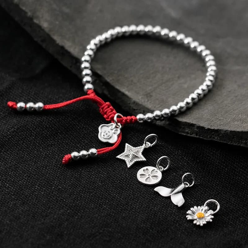 22 centimetri Argento Bead 925 Sterling Silver Braccialetti di Corda di Filo di Linea String Bracciali Gioielli Per Le Donne Ragazze di Pesce Fiore Margherita di Blocco