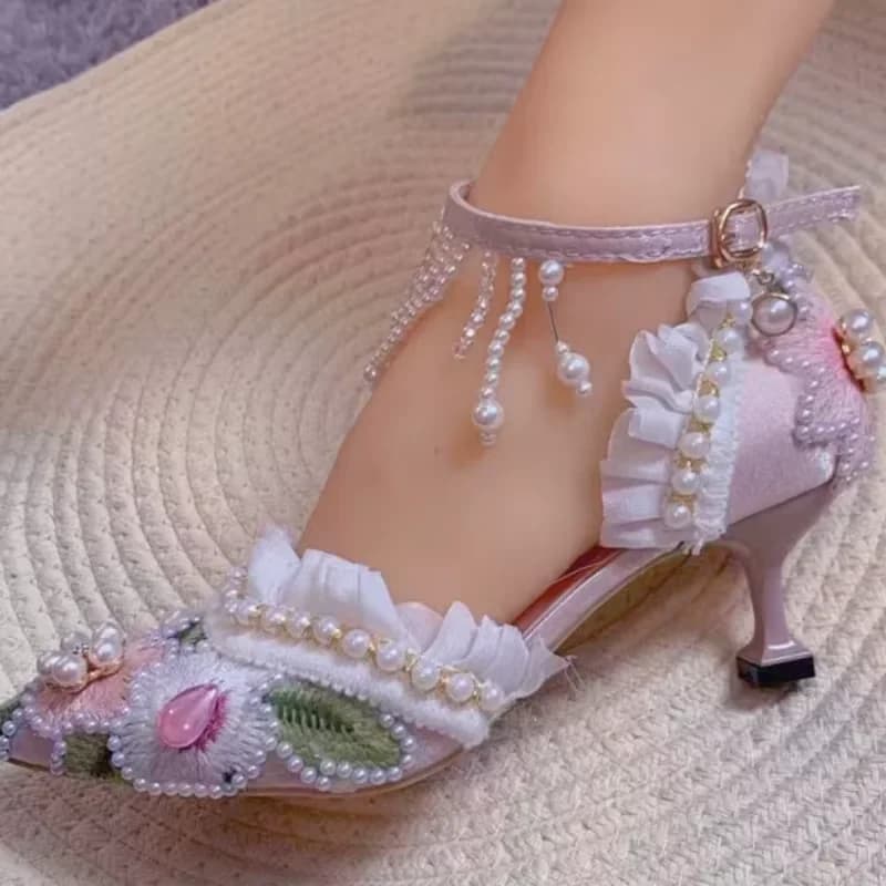 Carving Shoes for Womens Pointed Toes High Heels String Beading Female Sandals Chain Tacones Flower Decoration Chassure Femme
