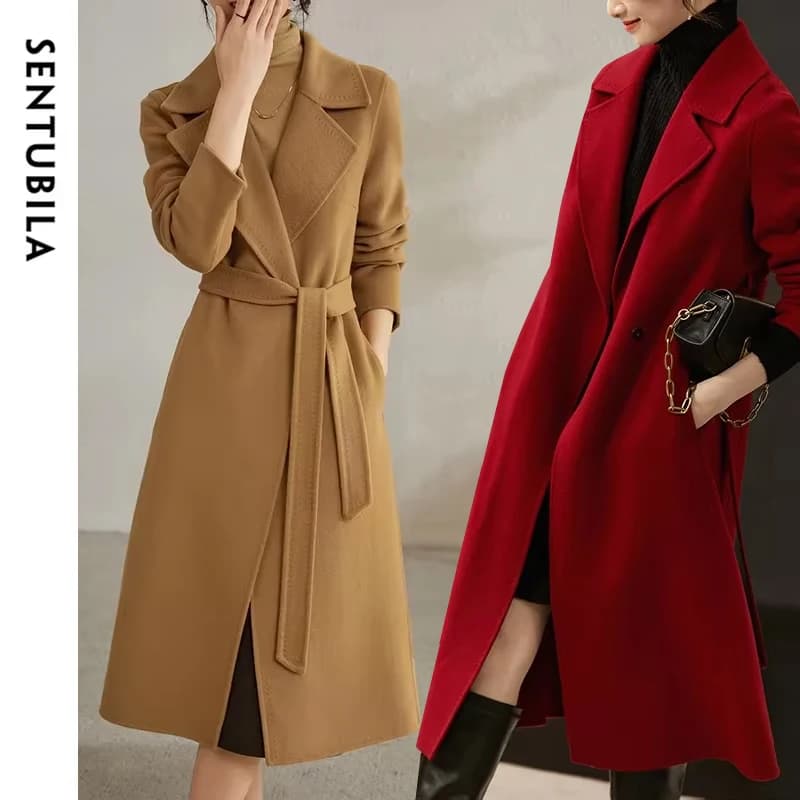SENTUBILA 100% lana cappotto avvolgente 2023 caldo spesso caldo Double-face elegante risvolto dentellato lungo soprabito vestiti invernali W24O43352