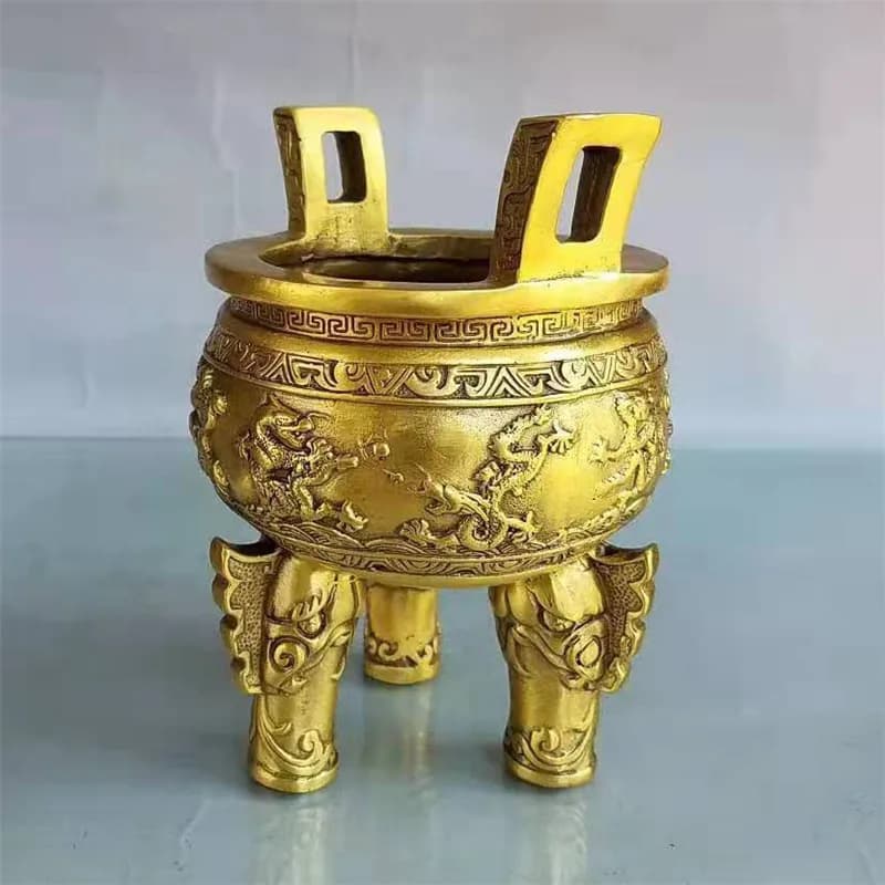 Bruciatore di incenso Qinglong a nove artigli in ottone con motivo a tre gambe, treppiede rotondo con drago, ornamento artigianale