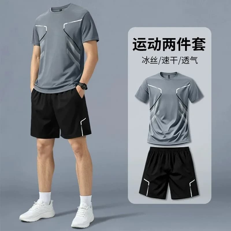Running sportswear set Men's summer ice silk quick drying shirt short-sleeved shorts new style fitness training badminton suit