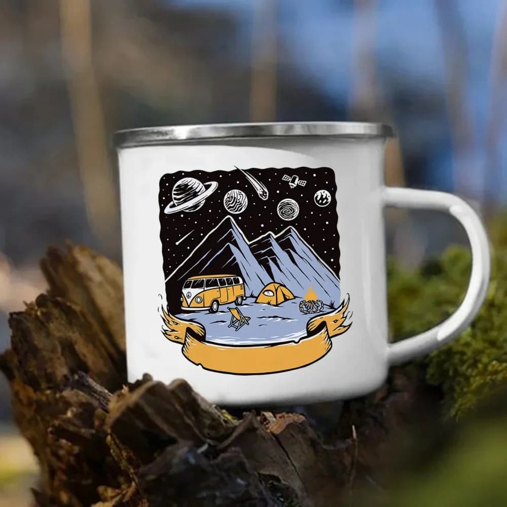 Tazza da campeggio smaltata da montagna Tazza con stampa luna e sole Foresta Tazza da viaggio per lui o il suo fuoco da campo Tazza da succo di birra Regali unici