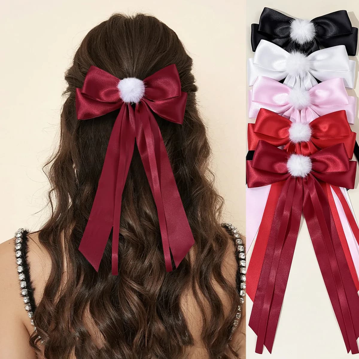 30pcs Satin Ribbon Bow Hair Clips 6 Inch Long Tassel Pom Pom Barrettes for Women And Girls Bulk Pack Headwear Accessory