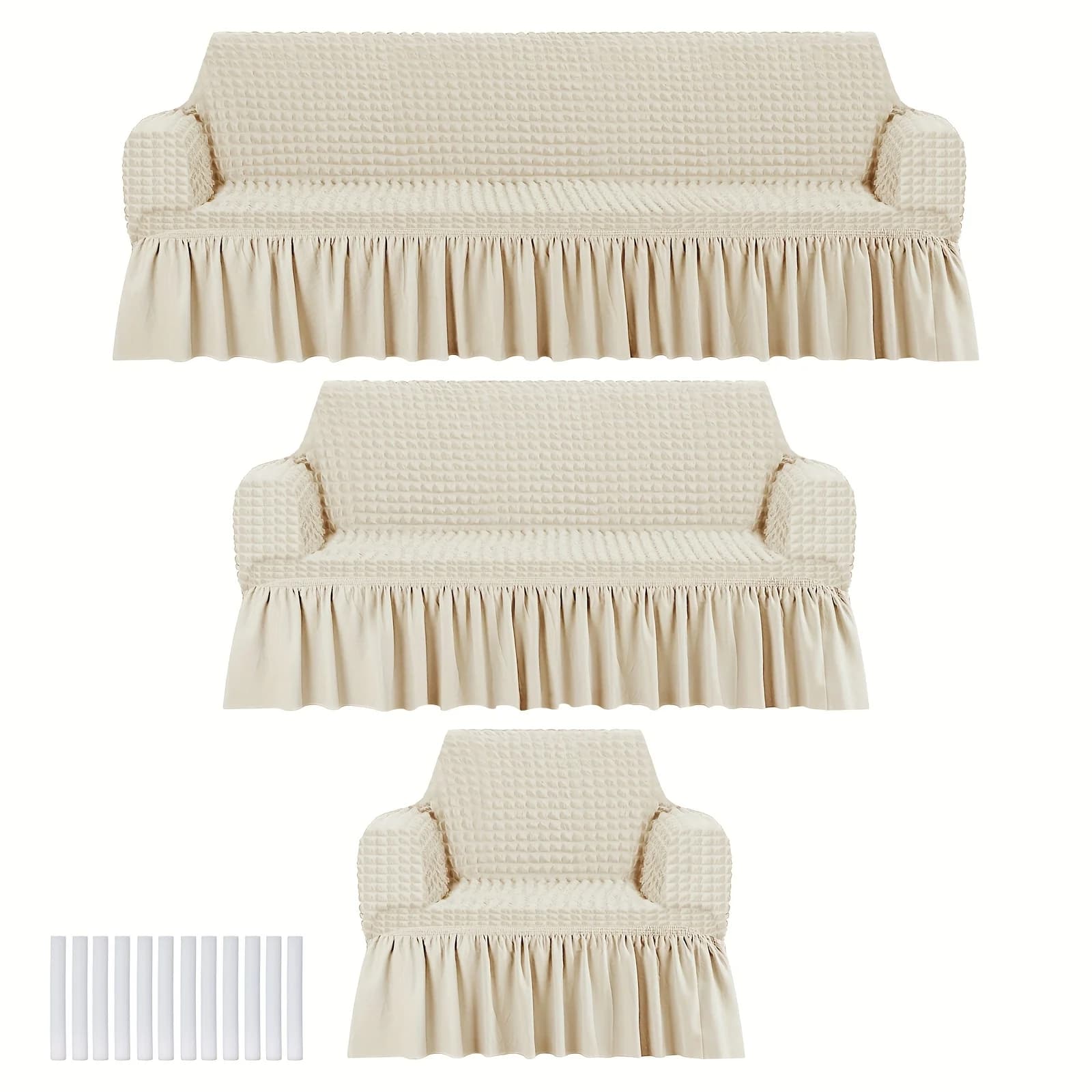 Set di 3 Copridivani Elasticizzati e Lavabili per Divano, Poltrona e Divanetto (Beige, Seersucker)