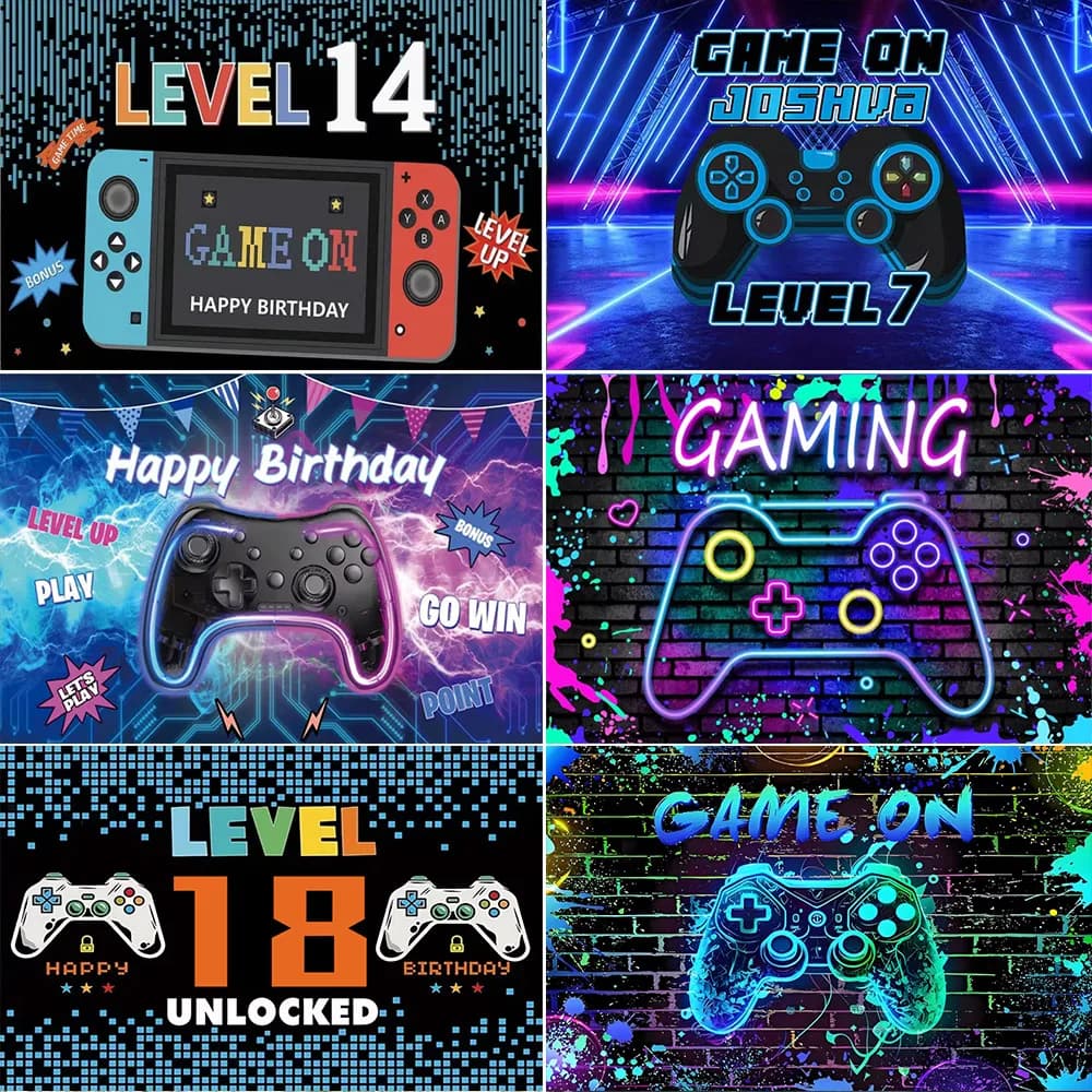 Gioco su tema Video Gamer Bambini 0-25esimo compleanno Festa Neon Green Gaming Primo livello su Sfondo Baby Shower Decorazione forniture