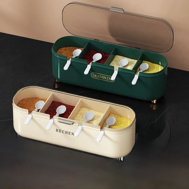 Set di Contenitori per Spezie da Cucina, Scatola Multiuso Integrata a Quattro Scomparti per Sale e Aromi, Utensili da Cucina in Plastica per Uso Domestico