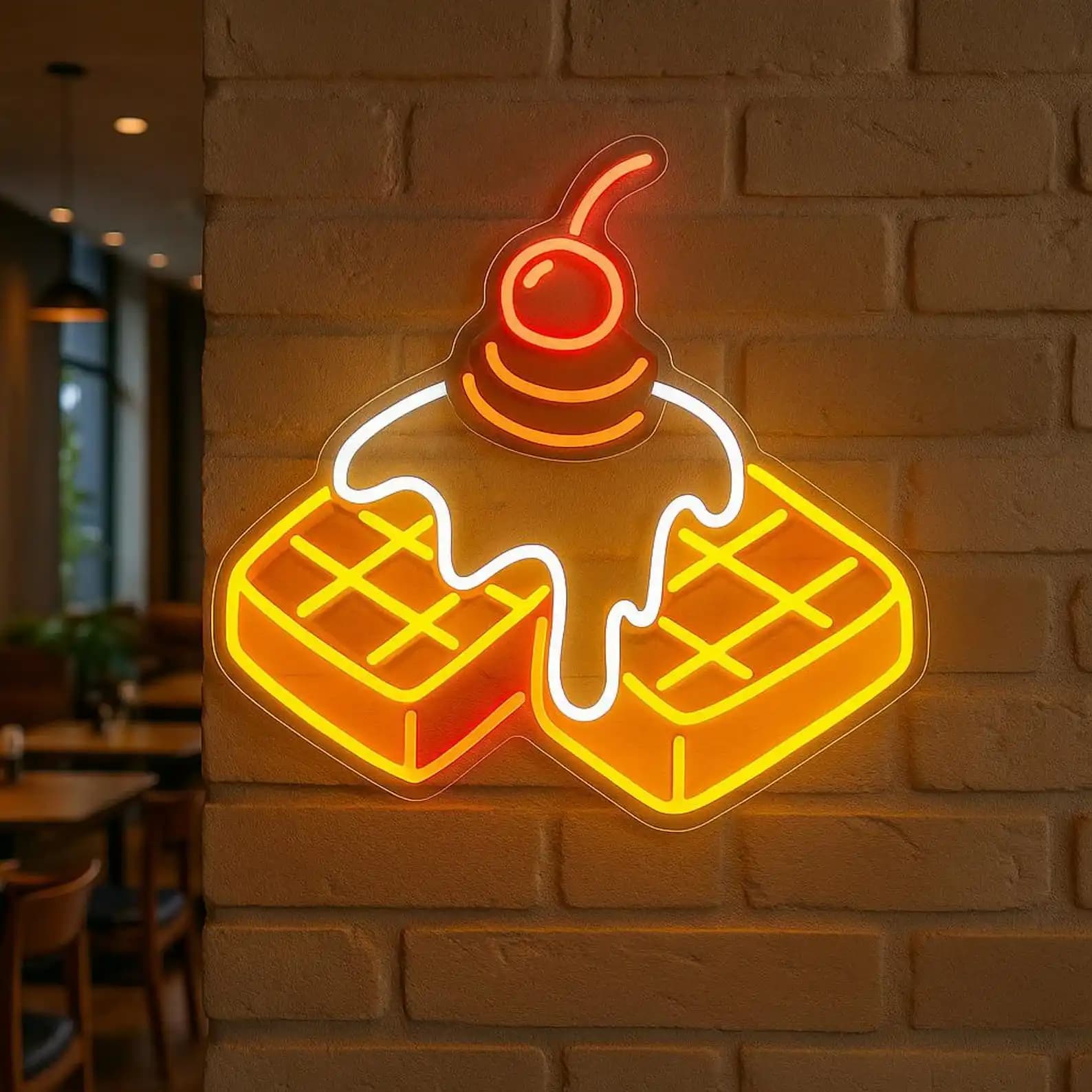 Waffle Neon Sign Your Cafe Waffles Shop Wall Art Decor Cibo personalizzato Ristorante Negozio aziendale Appeso a parete Regalo personalizzato