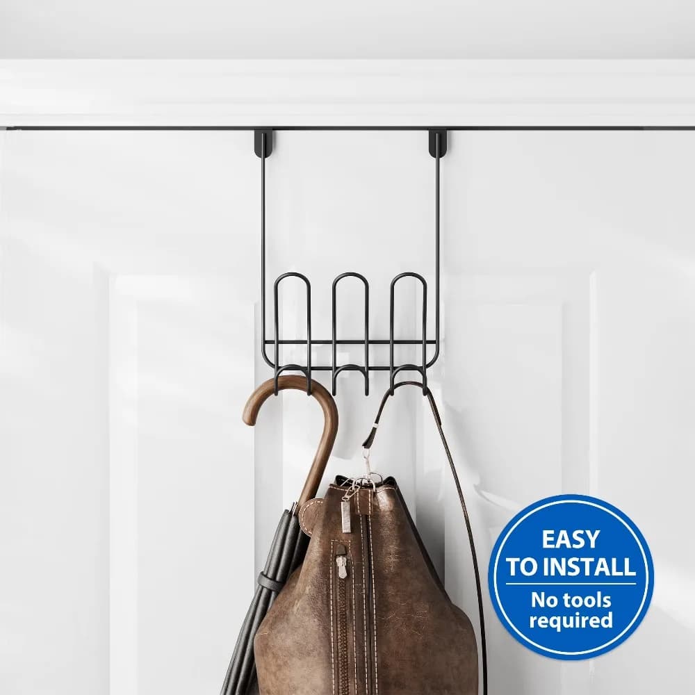 Over the Door Hanging Towel Rack 3 Hooks No Drill Bathroom Storage Organizer for Towels Robes Coat Mat Black