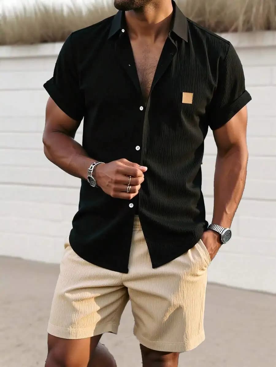Manfinity Homme Men's Solid Color Simple Short Sleeve Shirt And Shorts Set For Daily Wear Summer Outfits Khaki Outfit Men,A