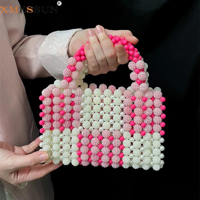 XMESSUN New Handmade Beaded Plum Bag,Fashion Hollow out Pearl Evening Bag European and American Ladies Acrylic Weaving Handbags