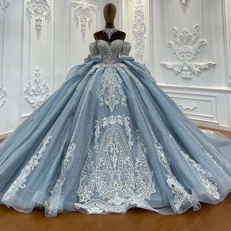 Abiti Quinceanera lucidi blu mare Abito da ballo con spalle scoperte Applique con paillettes Fiocco in pizzo Perline Corsetto in tulle di cristallo Dolce 16